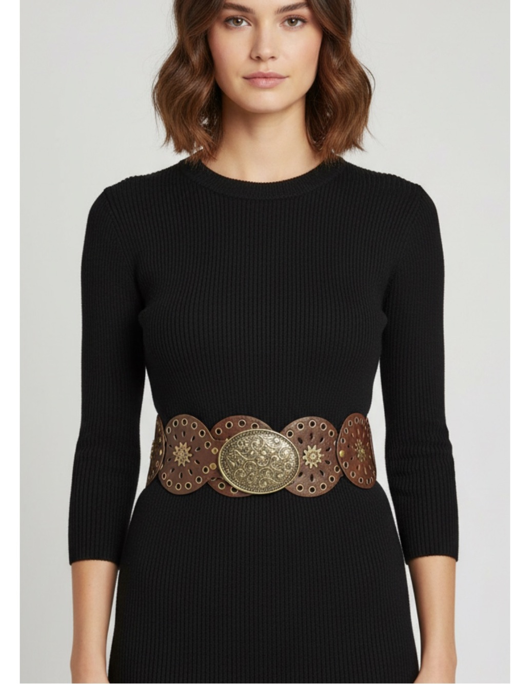 Brown Faux Leather Belt with Gold Accents